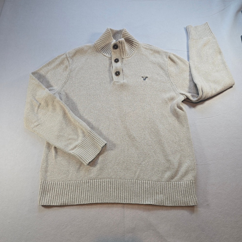 American Eagle Outfitters Mens XL Athletic Fit Mock Neck Button Zip Sweater Tan